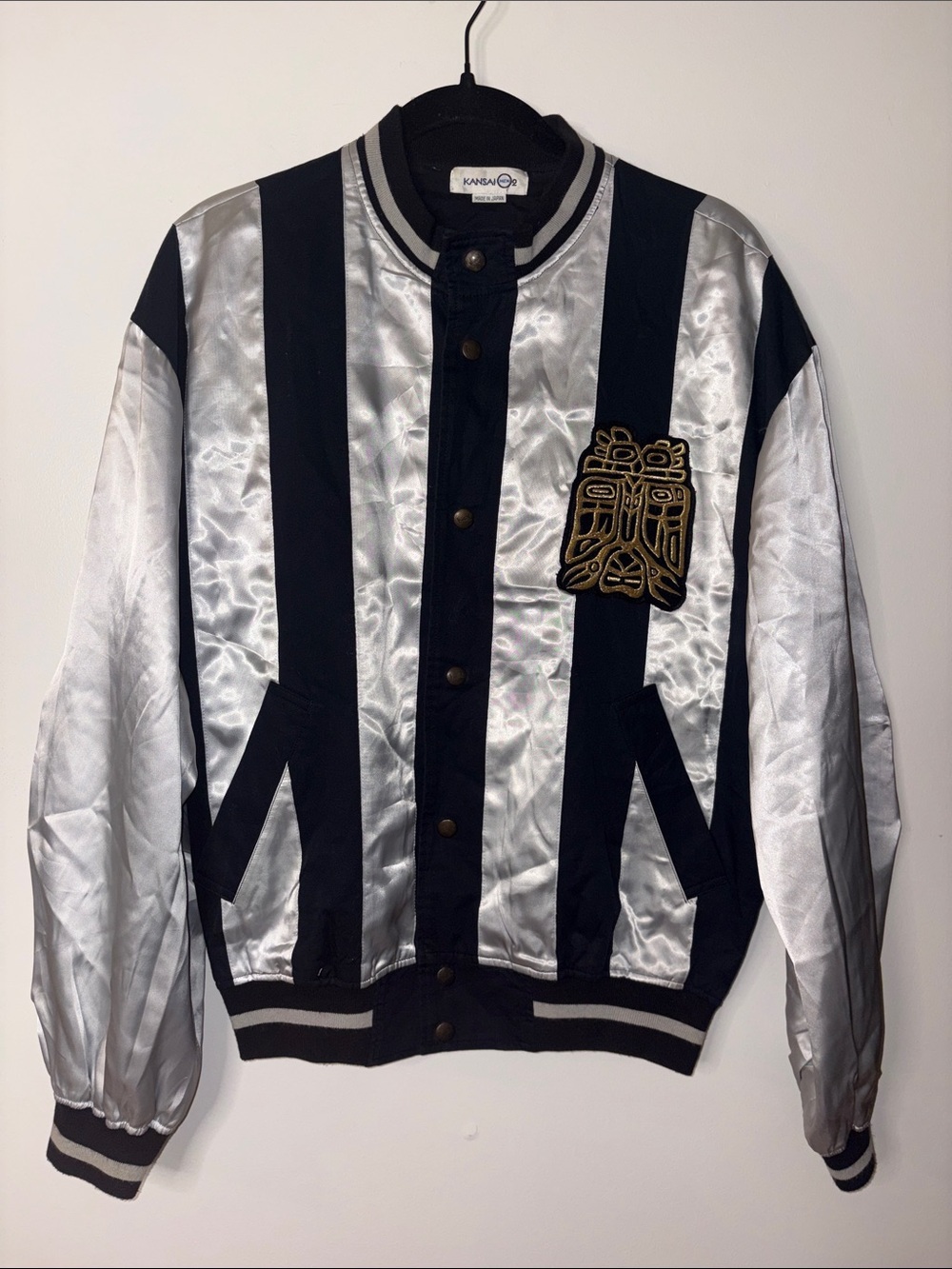 KANSAI Black & Silver Satin Striped Bomber Jacket- Size M